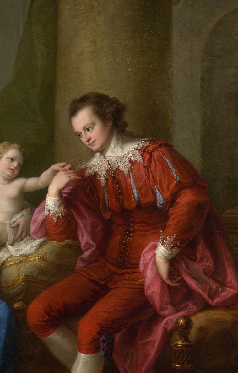 The slashed panels reveal contrasting underfabric , a technically demanding passage that also encodes the sitter's embrace of historical fancy dress as a social performance.