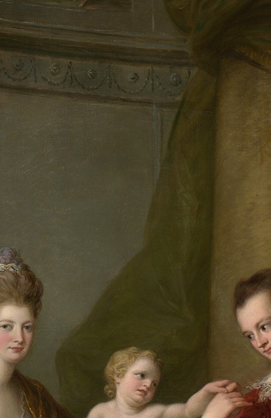 The unclothed child is the compositional and dynastic pivot , painted in the cherub tradition to signal innocence and noble promise, both parents' gestures orient to him.