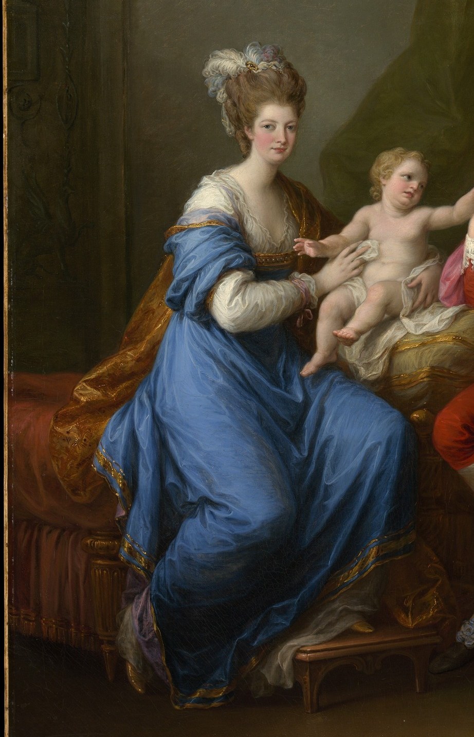 Kauffmann's large sweep of luminous blue fabric inspired by classical drapery dominates the left half and anchors the picture's cool-warm colour balance against the opposing red doublet.
