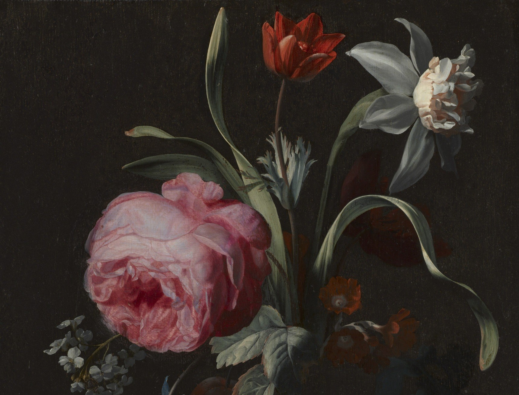 Not empty , the darkness is worked in layers, warmer behind the flowers, cooler at the edges; this tonal control is what makes petals appear to glow with inner light