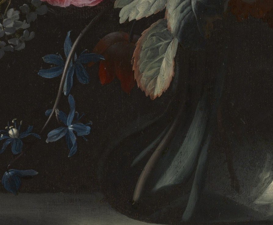 Virtuoso technique: the artist renders light refraction through glass and water simultaneously, showing bent stems inside , a hallmark challenge of Dutch still-life illusionism