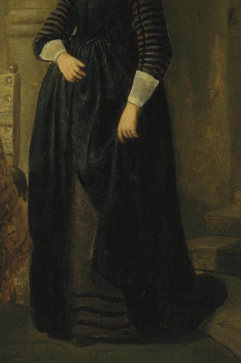 The rich fabric and subtle stripes of her dress convey a sense of wealth and social standing, rendered with Rembrandt's characteristic chiaroscuro.