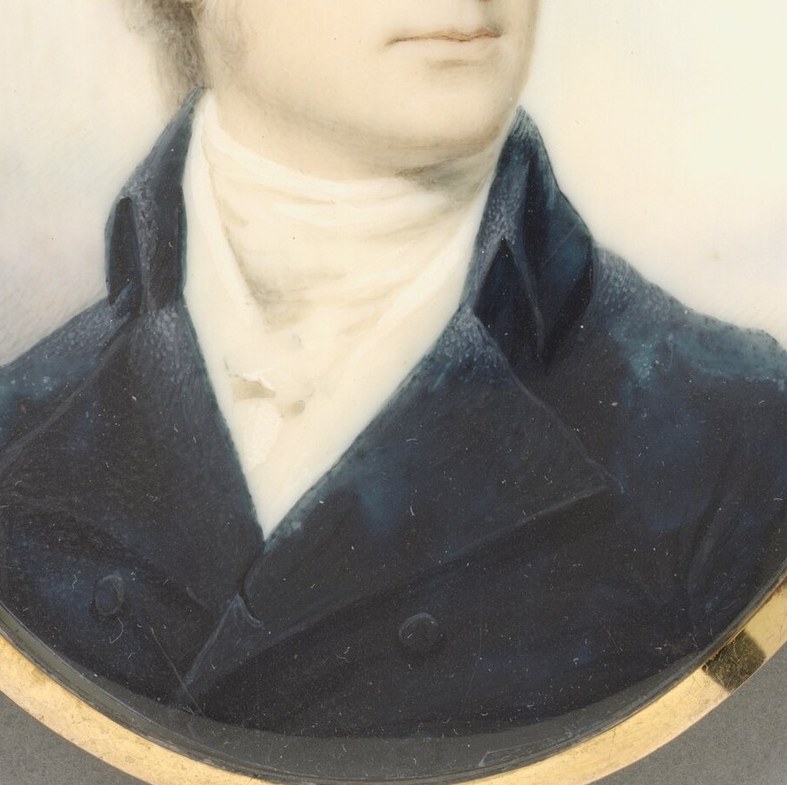 The deep blue of his coat, rendered with subtle folds, suggests wealth and sobriety.