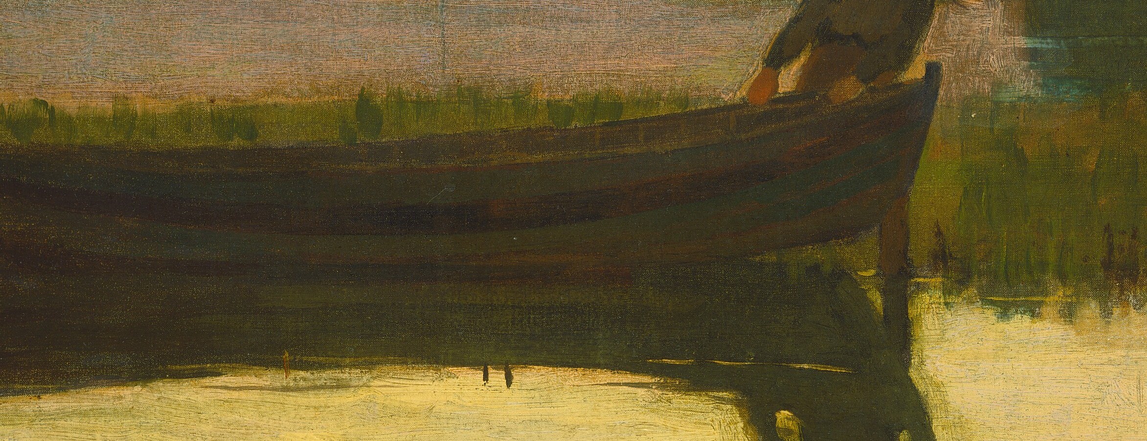 The boat is rendered with heavy shadows, grounding the figure and emphasizing the stillness of the water.