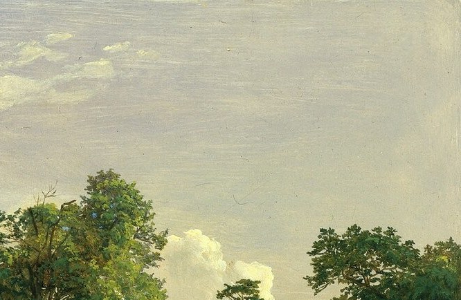 The sky acts as the painting's light source and breathing space; its brightness throws the dark forest into dramatic relief