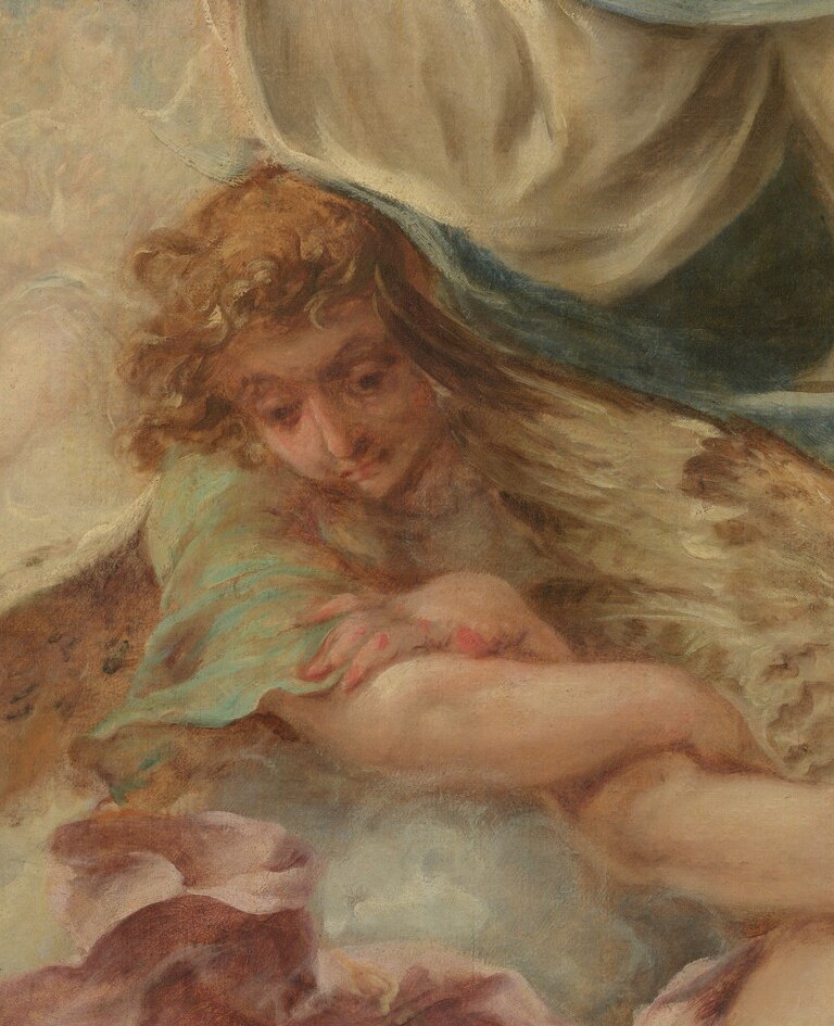 This angel's muscular form and determined gaze highlight the effort involved in this celestial transport.