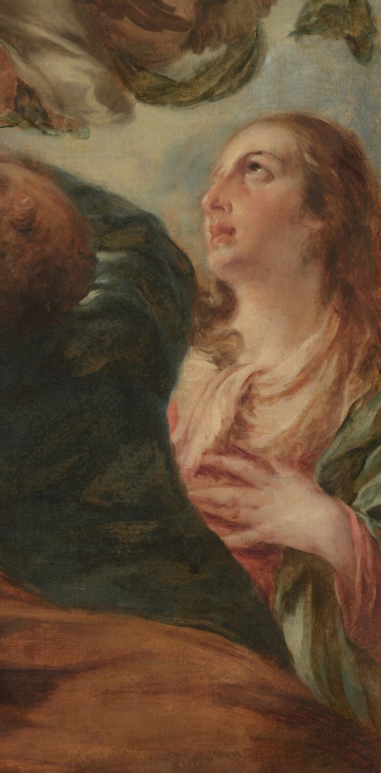 His upturned face and open mouth express profound awe and spiritual rapture.