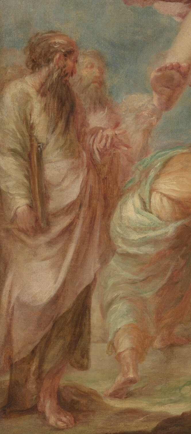 His gesture directs the viewer's attention to the miraculous event, emphasizing its significance.