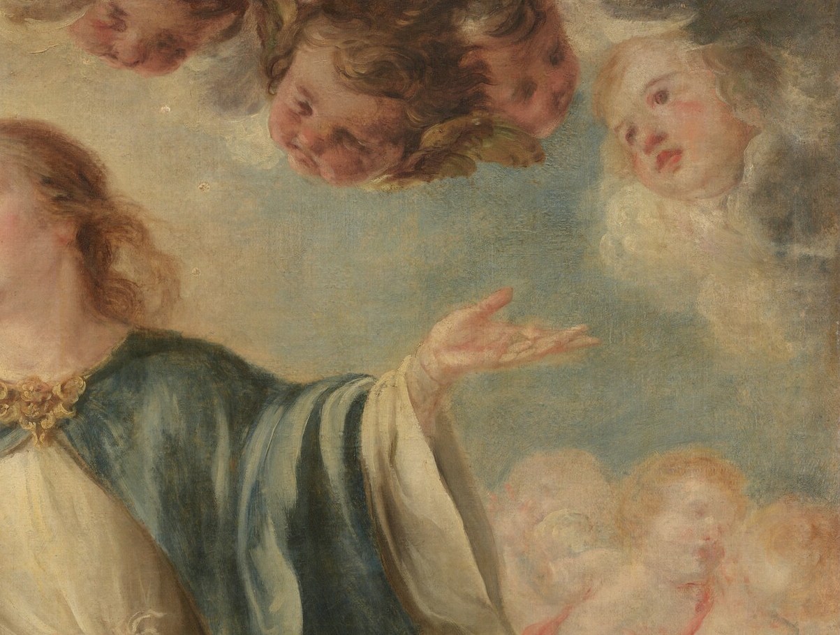 Their playful yet reverent expressions add a dynamic, heavenly atmosphere to the scene.