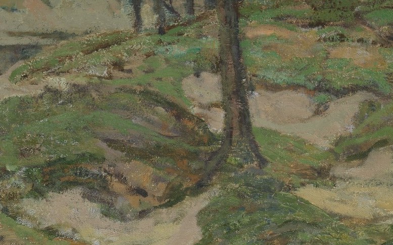 His brushstrokes here are thick, capturing the rugged coastal texture.