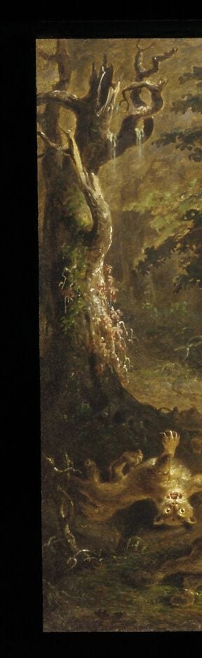 Quidor uses this contorted trunk as a compositional wall , it closes off escape to the left and gives the wilderness an almost sentient, threatening character.