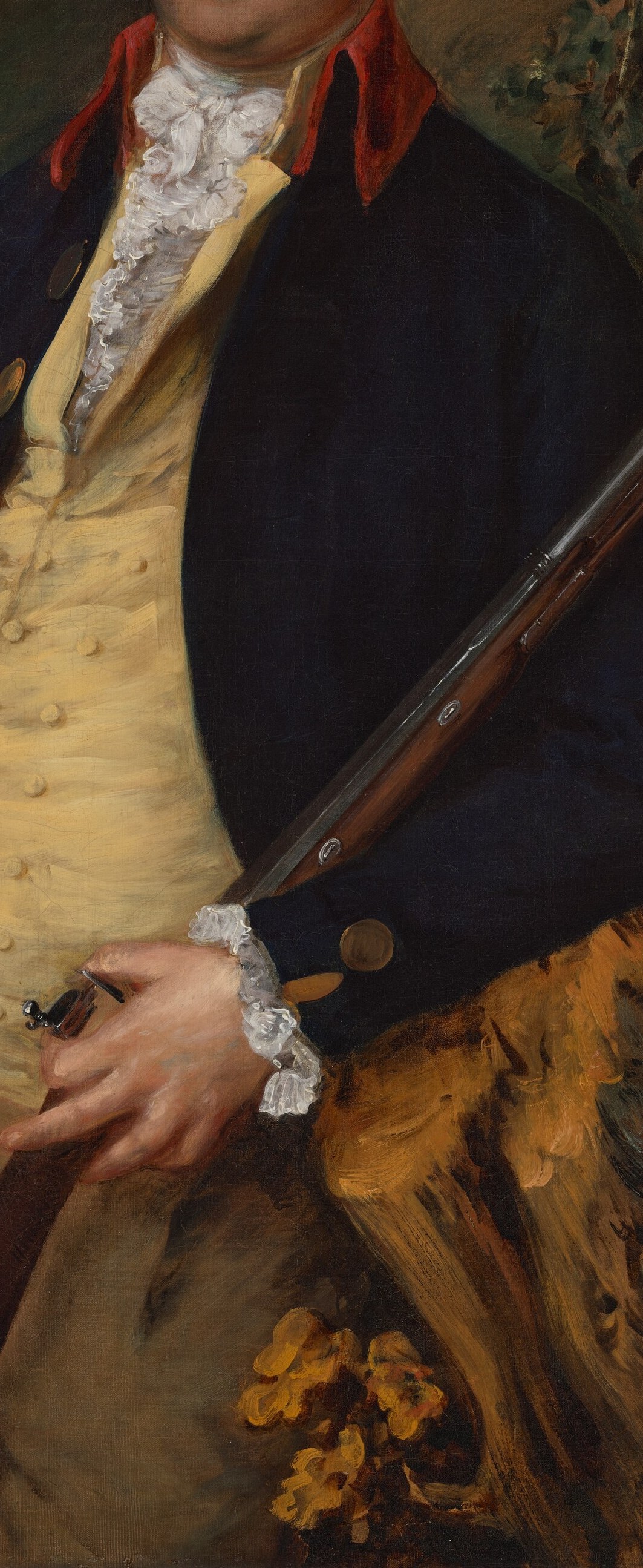 He holds a high-quality flintlock fowling piece, not a military musket.