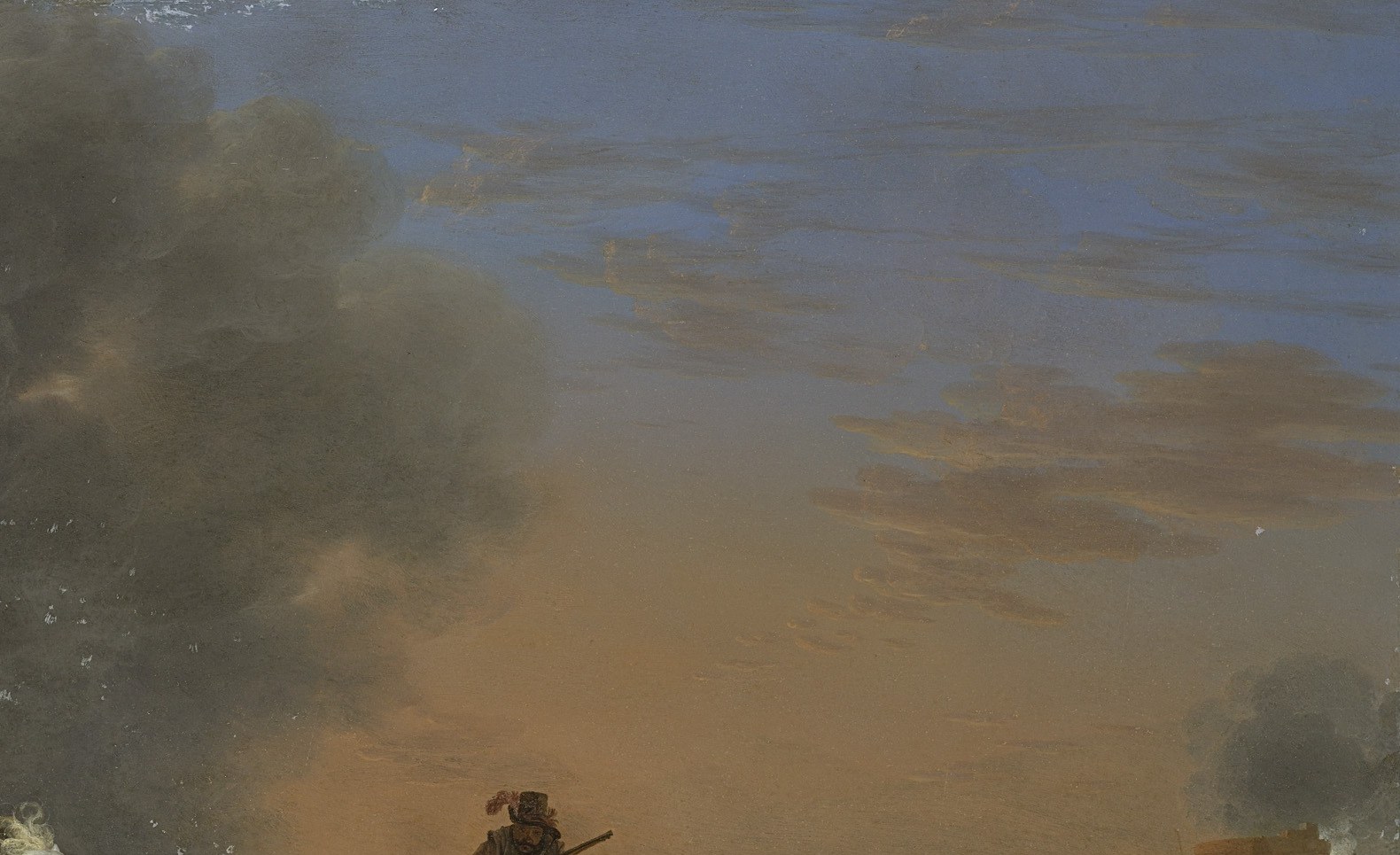 The warm, fading light creates a poignant atmosphere and highlights the figures in the foreground.