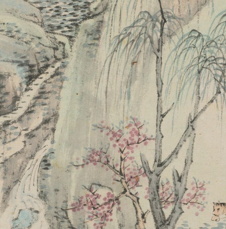 Pink blossoms against pale rock identify early spring; plum blossoms carry Confucian associations of perseverance through cold , a seasonal and moral decoder.