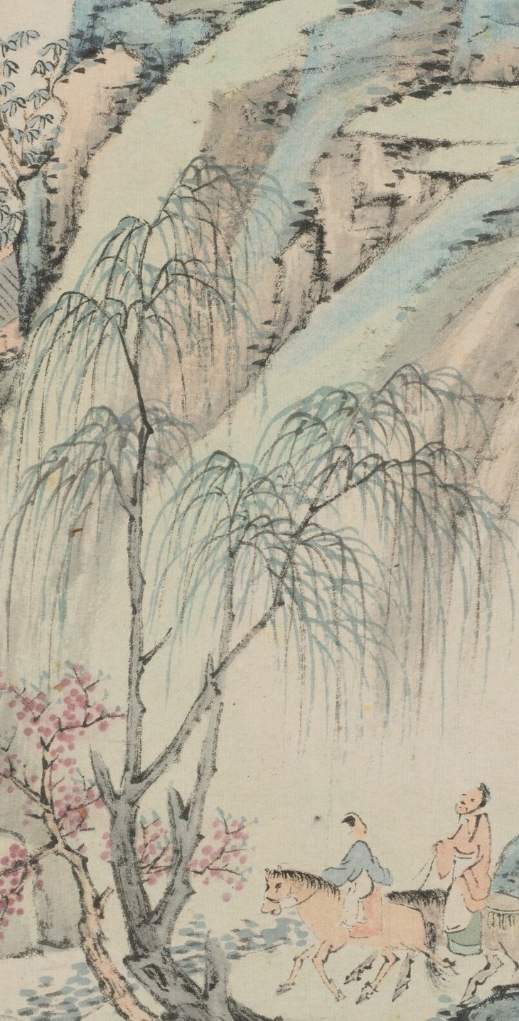 The willow's pale green cascading strands dominate the vertical axis; the brushwork rendering each tendril is the painting's most virtuoso technical passage.