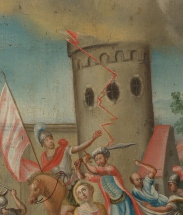 Behind her, the castle where she was imprisoned for her beliefs.
