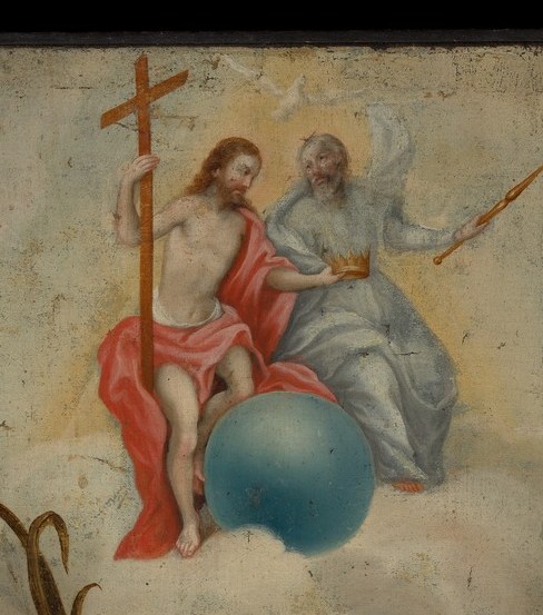 The Holy Trinity above signifies her divine reward.