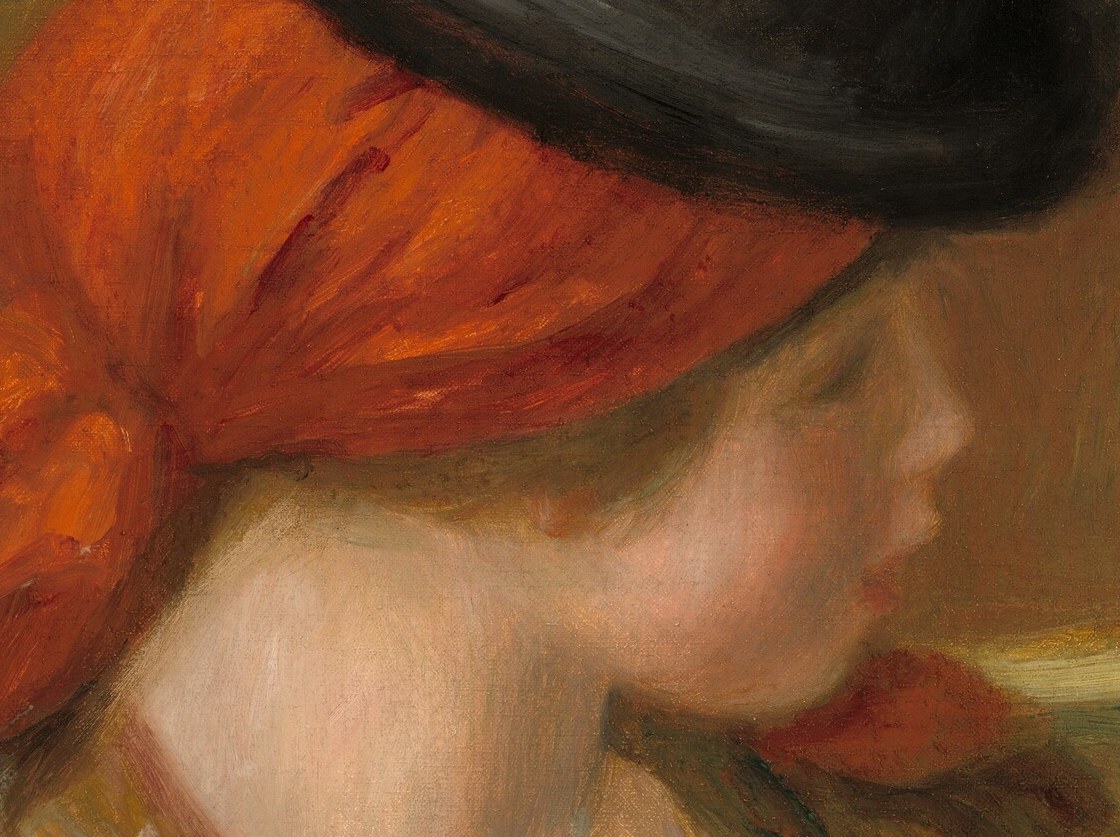The red scarf and ornate shawl mark her as Spanish.