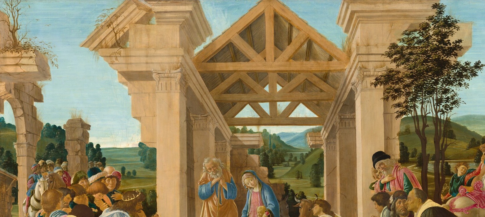 Botticelli's architectural theology: Christianity literally rises inside the ruins of Rome. The broken marble is a creed stated in stone, not words.