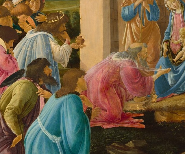 The most powerful earthly ruler abasing himself before a newborn , the scene's dramatic crux; long beard signals an entire lifetime of anticipation finally fulfilled.