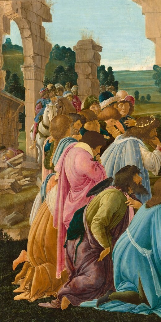 Likely harbors hidden portrait identifications of Florentine contemporaries , Botticelli's Adoration paintings are known for embedding patrons and public figures among the witnesses.
