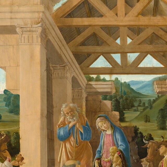 Theological and compositional anchor; Botticelli's idealised face and azure drapery pull every gaze while her downcast eyes redirect attention back to the infant , devotion made reciprocal.