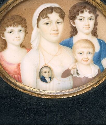 She wears white muslin, cut in the new Empire style, around 1800.