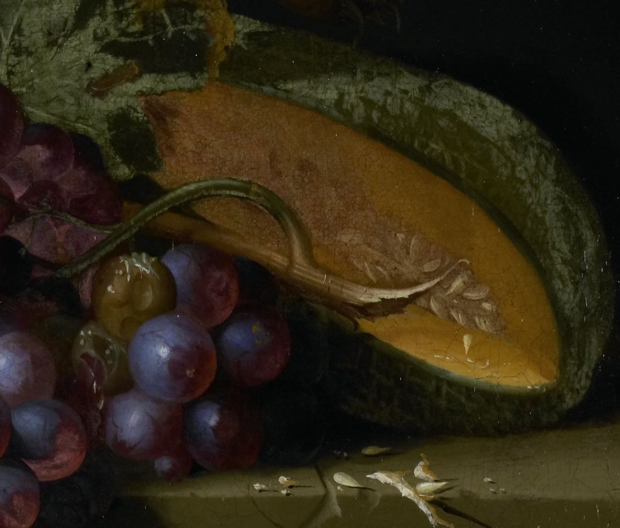 His paintings still offer quiet beauty, like this sliced melon.