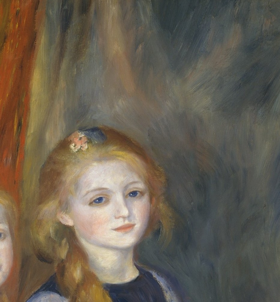 Positioned centrally and elevated by the piano bench, her face is the emotional pivot of the group; Renoir's 'schematized' modeling criticized by 1888 reviewers is most legible here.