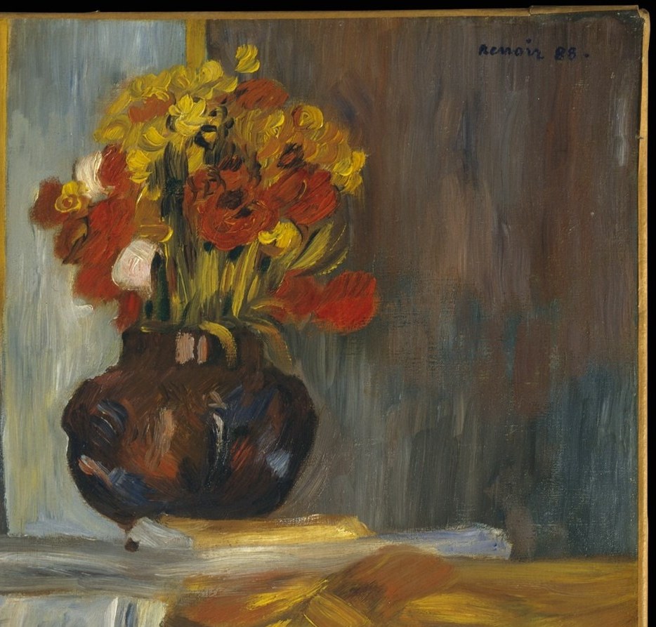 A warm chromatic accent that punches against the cool blues; its placement on the piano's upper edge frames the composition and signals Renoir's saturated new palette.