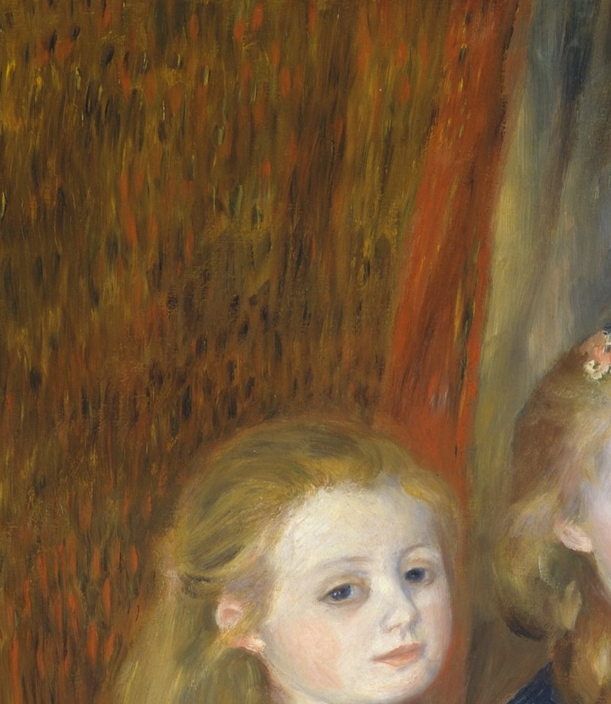 Direct, slightly guarded gaze outward; her individuality is distinct from the other two sisters and anchors the left edge of the composition.
