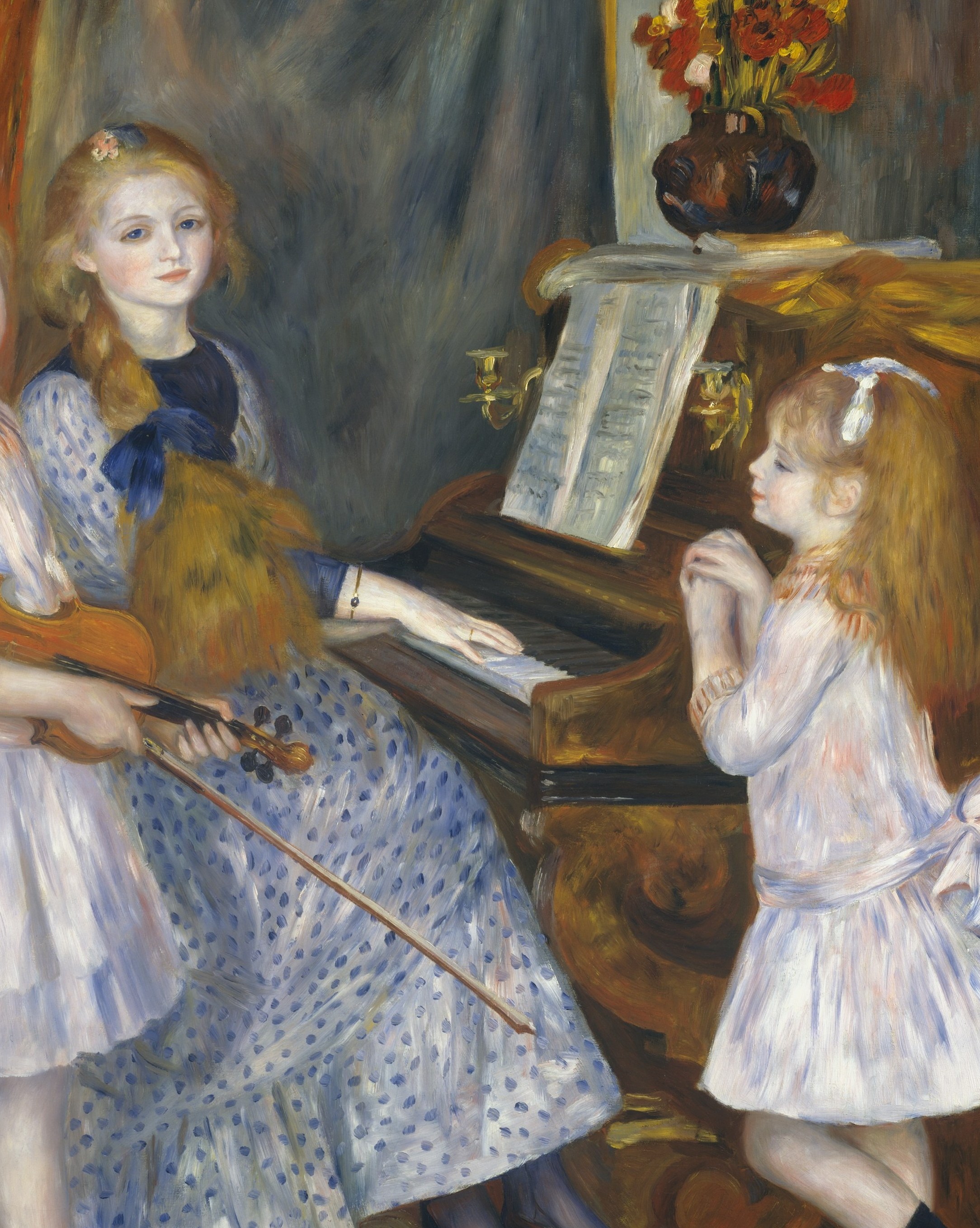 The piano is effectively the domestic altar around which the three girls are arranged; its dark mass anchors the warm tones of the figures against it.