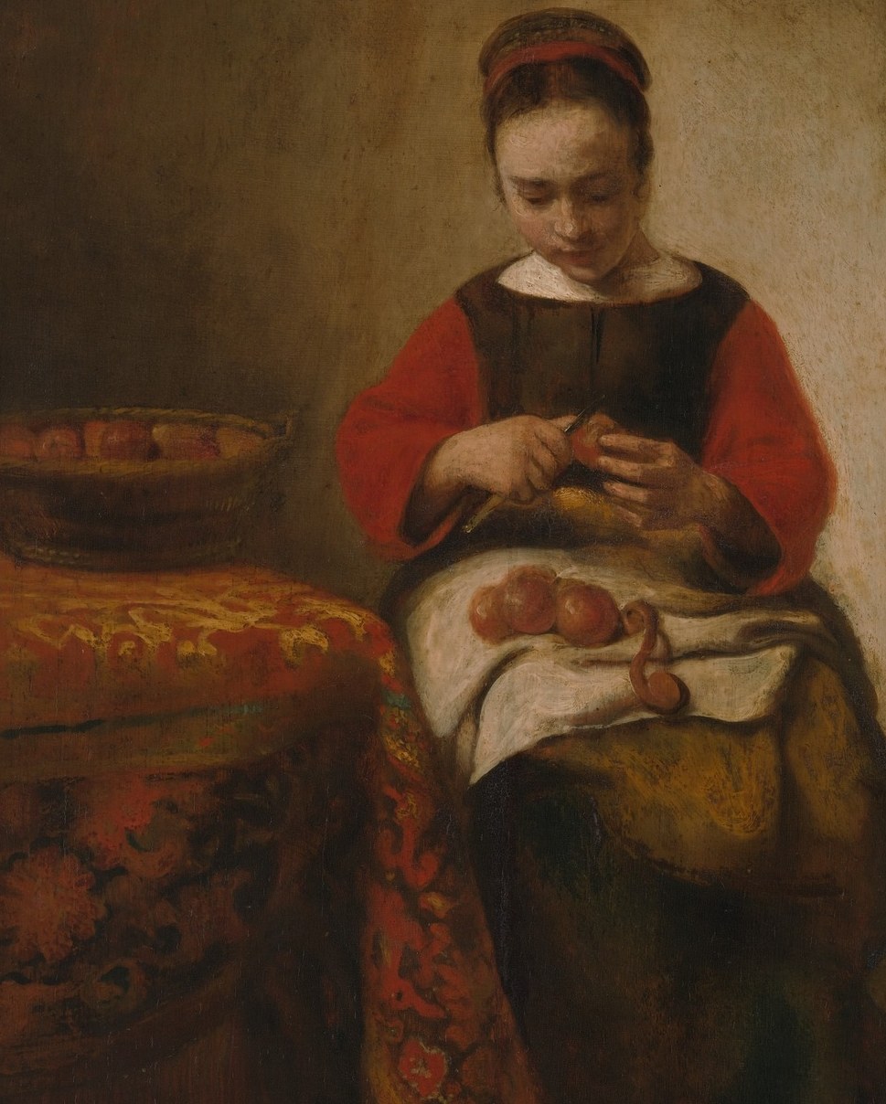Maes uses this saturated red to link figure, fruit, and carpet in a single visual chord , it is arguably the painting's structural argument in a single color.