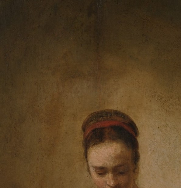 Eyes cast down in absorbed concentration , Maes gives a servant woman the same interiority Rembrandt reserved for prophets; the face is the emotional fulcrum of the painting.