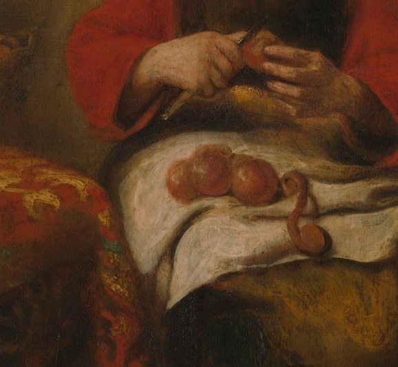 The decisive compositional action , movement frozen mid-peel. The curl of the peel would tell a viewer this is practiced, habitual labour, not posed virtue.