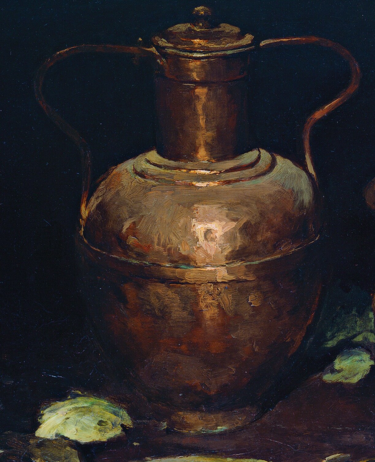 Notice the subtle gleam on the brass bowl and copper pitcher.