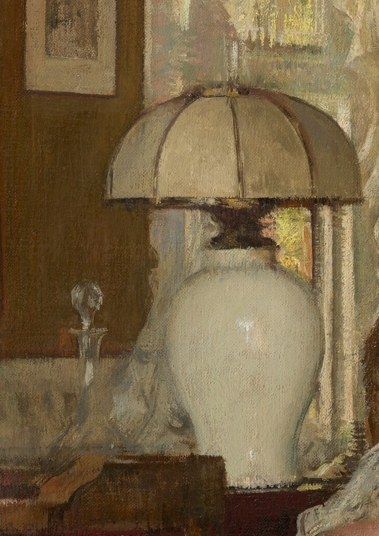 Its gentle glow illuminates the space, suggesting a cozy evening and providing a focal point in the mid-ground.