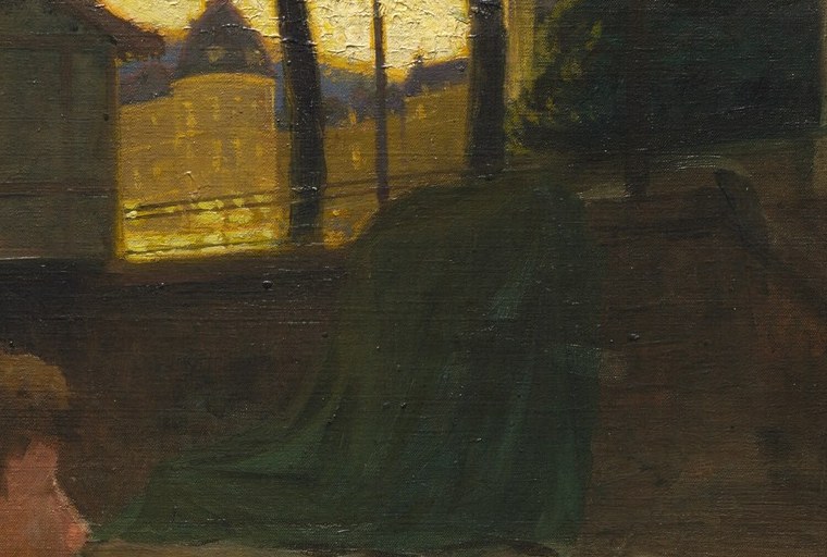 The faint light on distant buildings suggests a peaceful evening.