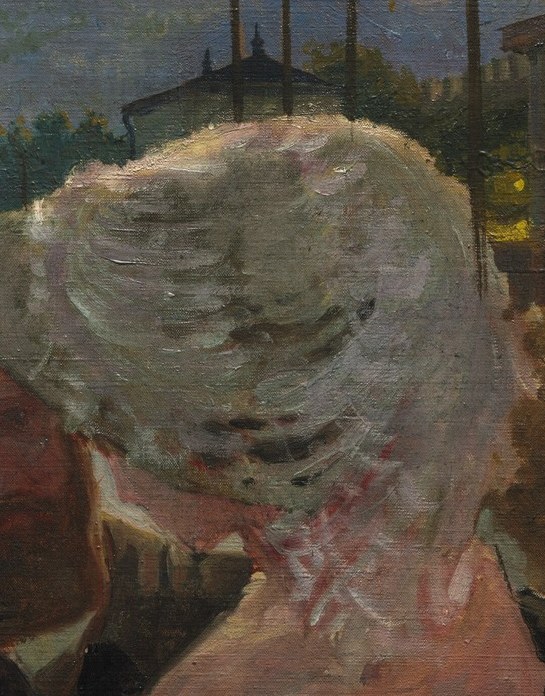 The hat obscures her face, adding to the enigmatic atmosphere and focusing attention on her silhouette.