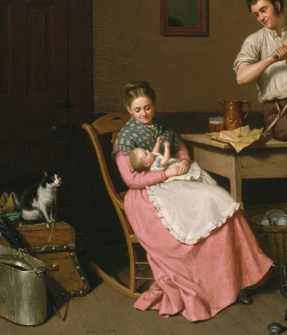 The emotional anchor of the scene , her downward gaze and protective posture over the bundled baby embody the tenderness of starting over in a new home