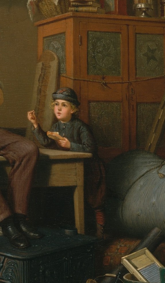 His attentive posture , leaning in, observing the father play , links the generations and adds a quiet witness presence to the scene