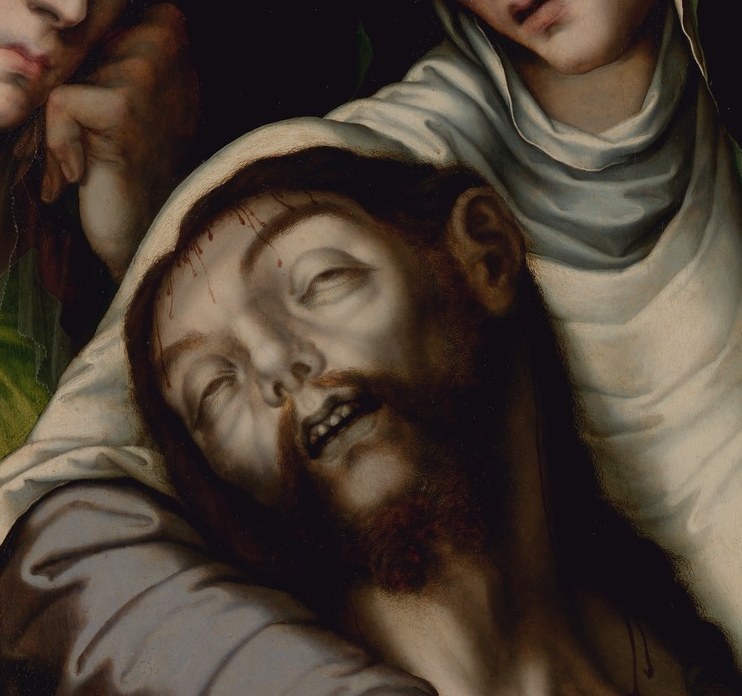 The backward tilt enacts death's full weight; the parted lips and pallid skin are painted with near-forensic care, making this the emotional trigger the whole composition is built around.