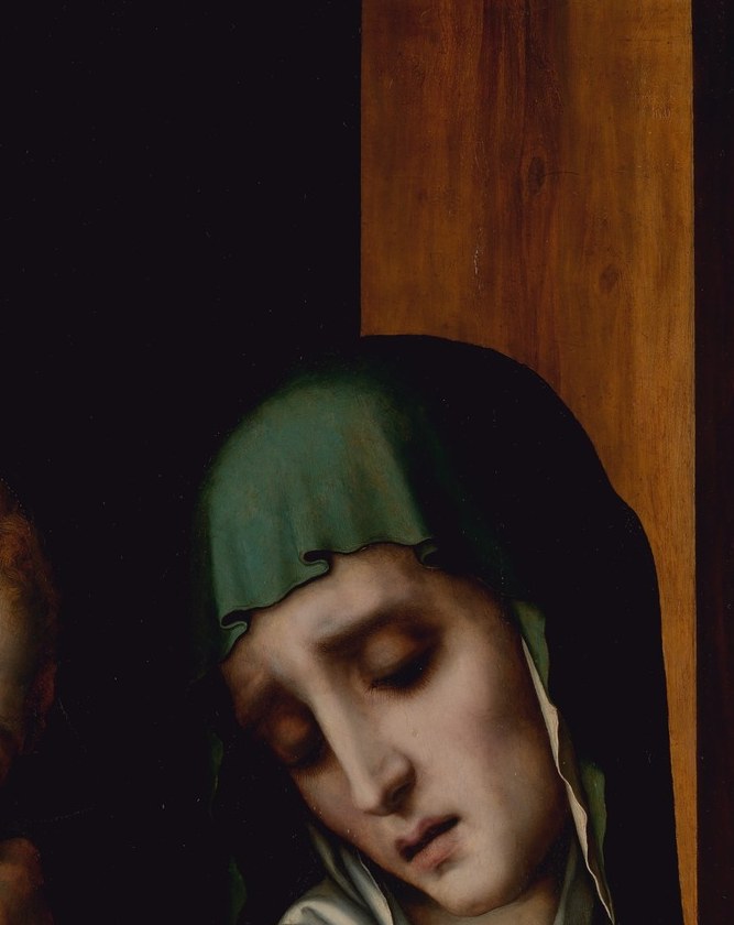 The devotional core of the image , her eyes aim directly down at her son's face; Morales' enamel-smooth surface preserves pooled tears and individual lashes that survive enlargement and reward the closest look.