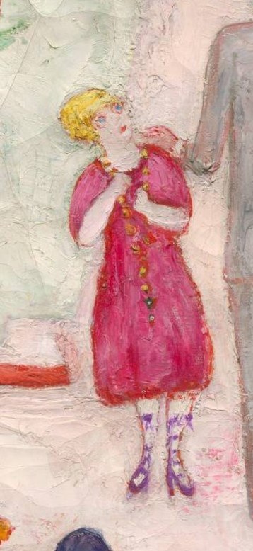Look closely at the woman in the pink dress, gazing upwards.