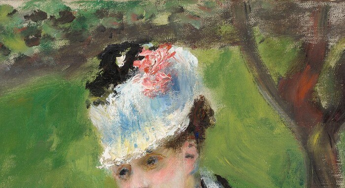 The primary human subject; her downcast gaze and composed expression convey quiet introspection, a hallmark of Renoir's intimate portrayals of women
