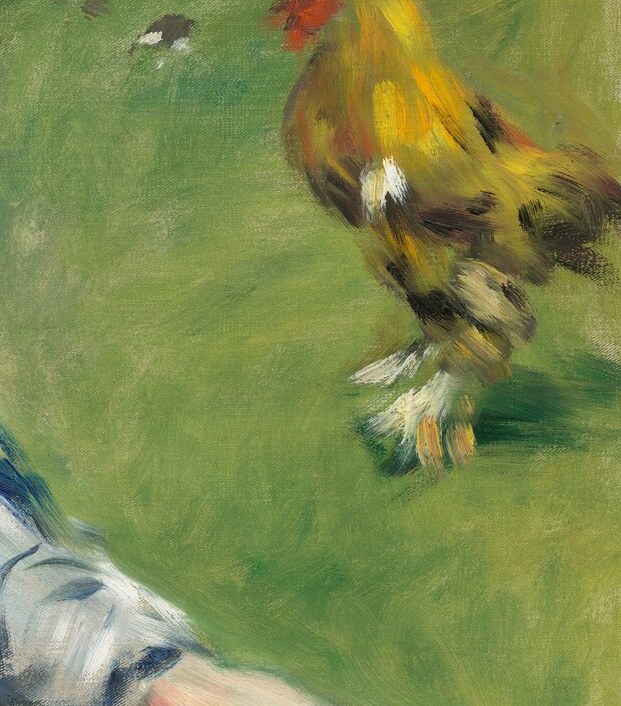 An unexpected, almost whimsical element in a domestic garden portrait; its bright russet plumage echoes Impressionist interest in vivid color juxtaposition and animates the otherwise still scene