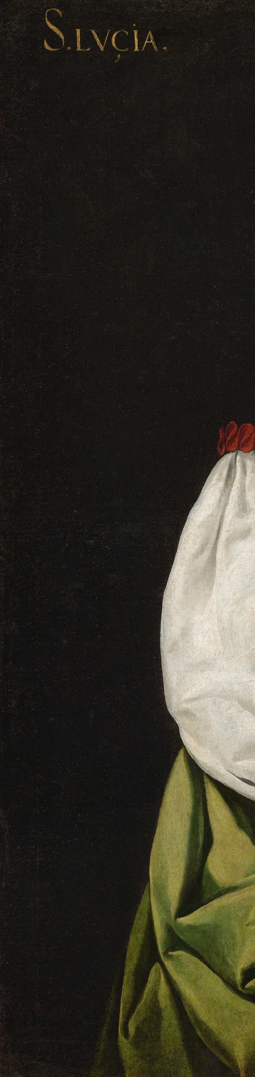 Zurbarán's signature void , no architectural setting, no narrative context , forces all attention onto Lucy's presence as if she steps out of darkness itself