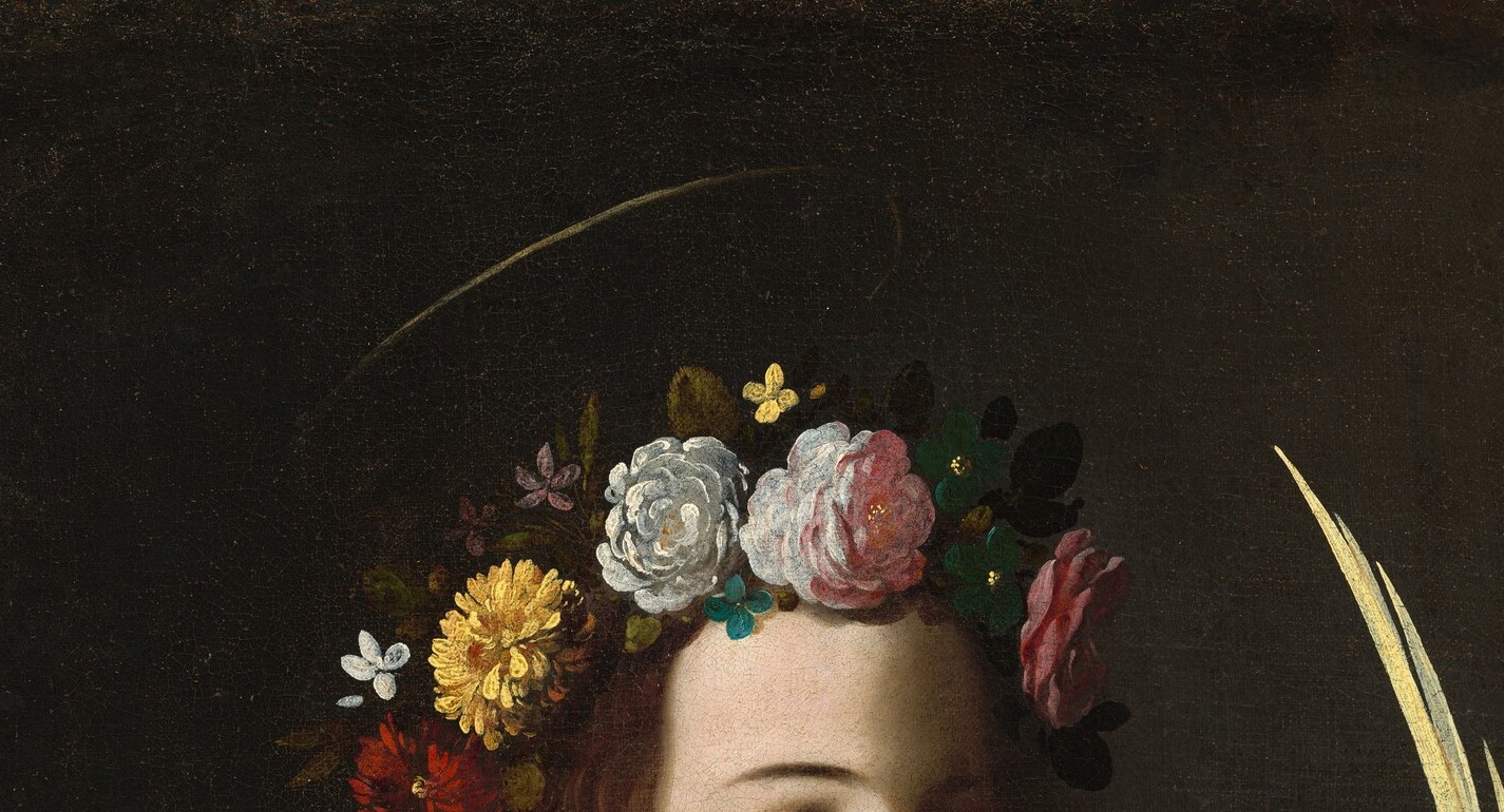 The red bodice says martyr. The flowers say she won anyway.
