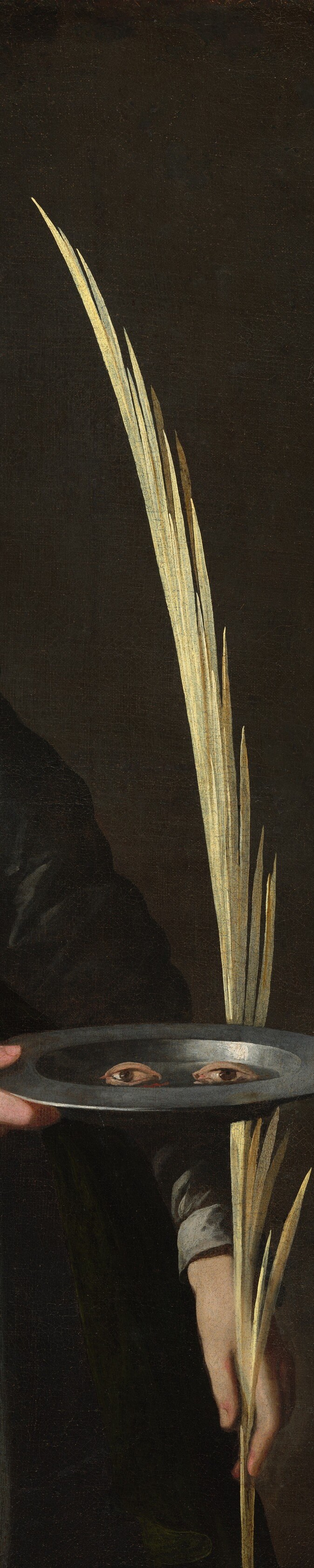 Universal martyr's symbol; its length structures the entire right side of the composition and echoes vertical Counter-Reformation imagery