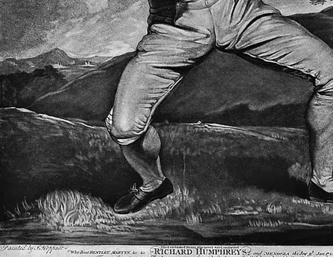 The stance documents late 18th-century bare-knuckle form before Queensberry rules , a historical record of how fighters actually stood in the prize-fighting era.